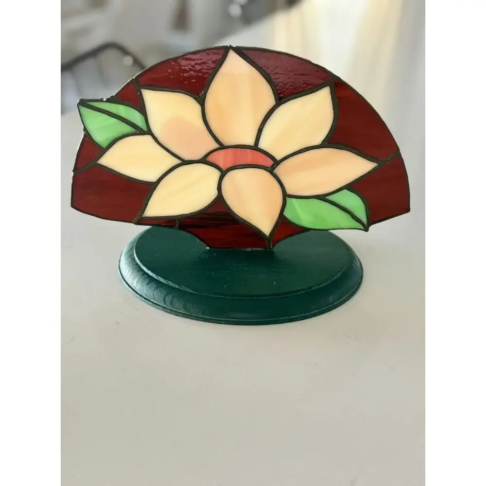 Vintage Stained Glass Flower Panel Wood Stand Tiffany Style Floral Decor